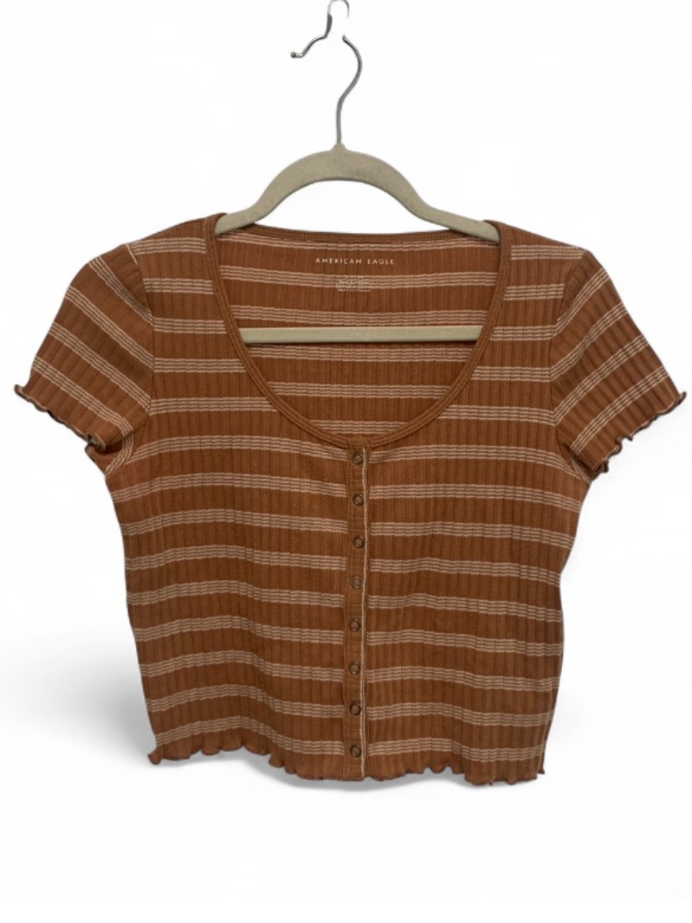 American Eagle Outfitters Light Brown and Cream Striped Button-Front Crop Top